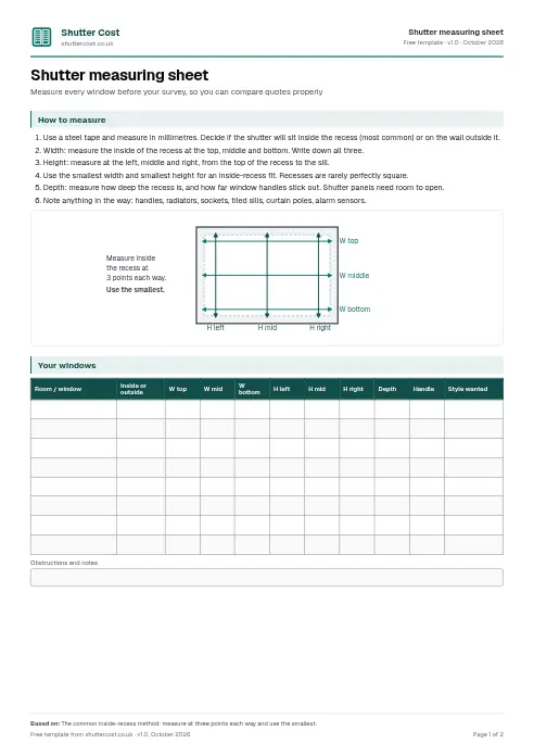 Preview of page 1 of the shutter measuring sheet template